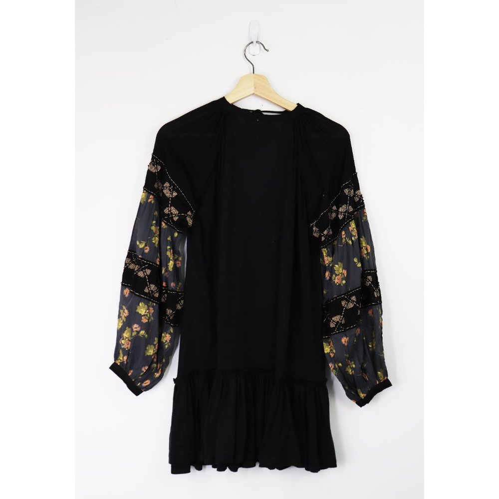Free People Mix It Up Beaded Balloon Sleeve Floral Tunic Mini Dress Black XS
